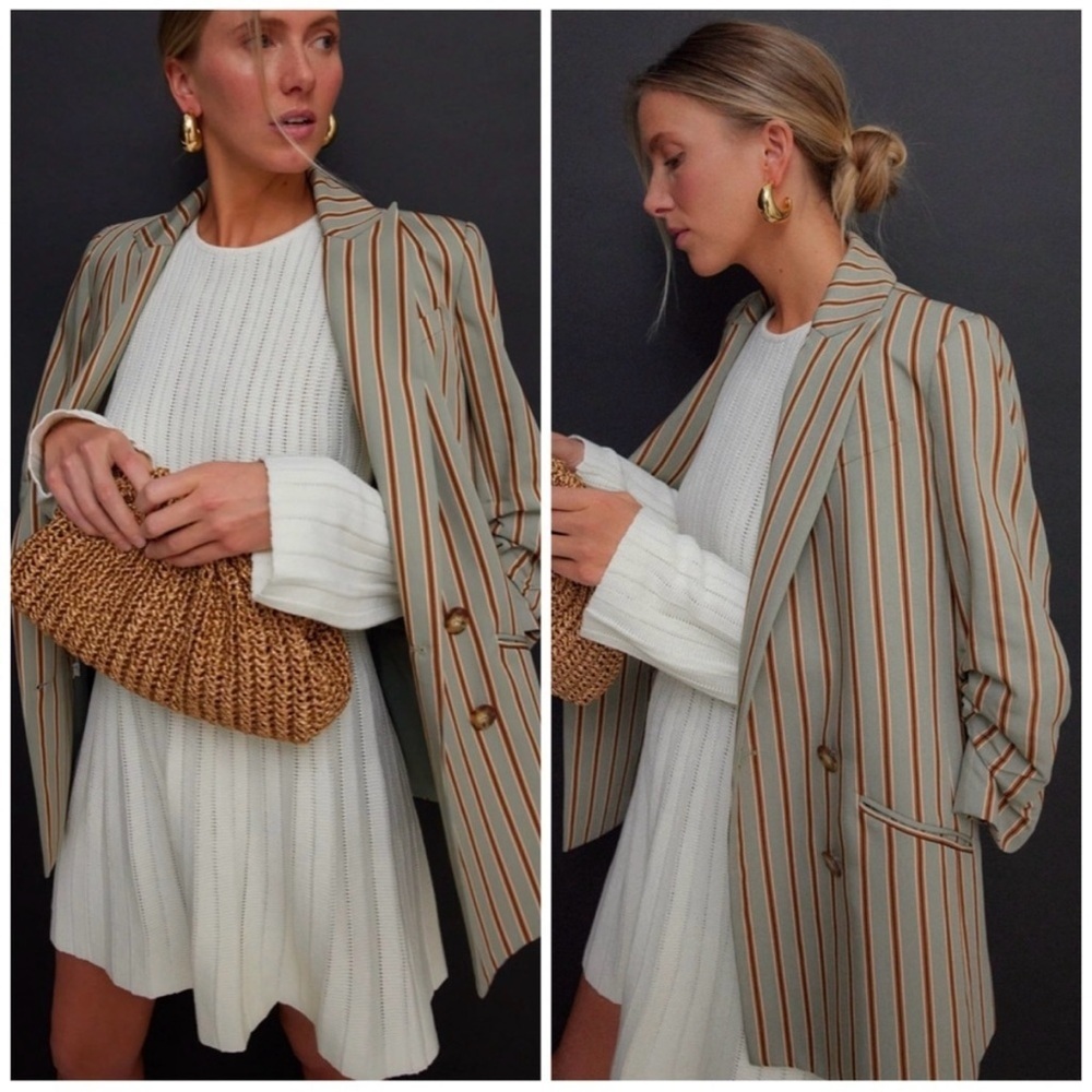Veronica Beard Kiernan Dickey Double Breasted Striped Blazer Seafoam Green 0